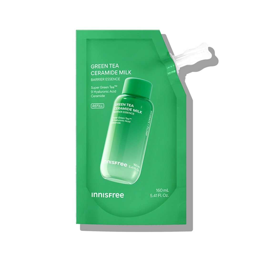 Image of INNISFREE Green Tea Ceramide Milk Essence Refill 160ml packaging in green color, featuring the product's logo and details.