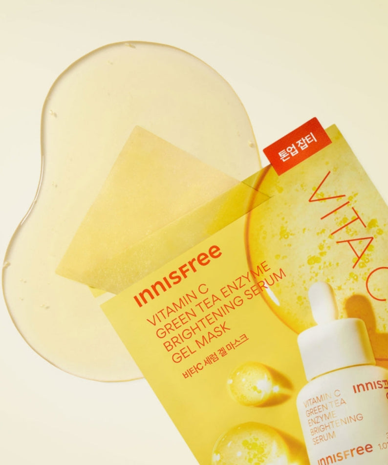 INNISFREE NEW Gel Mask 1 Sheet with vitamin C and green tea enzyme for brightening and skincare shown with packaging.