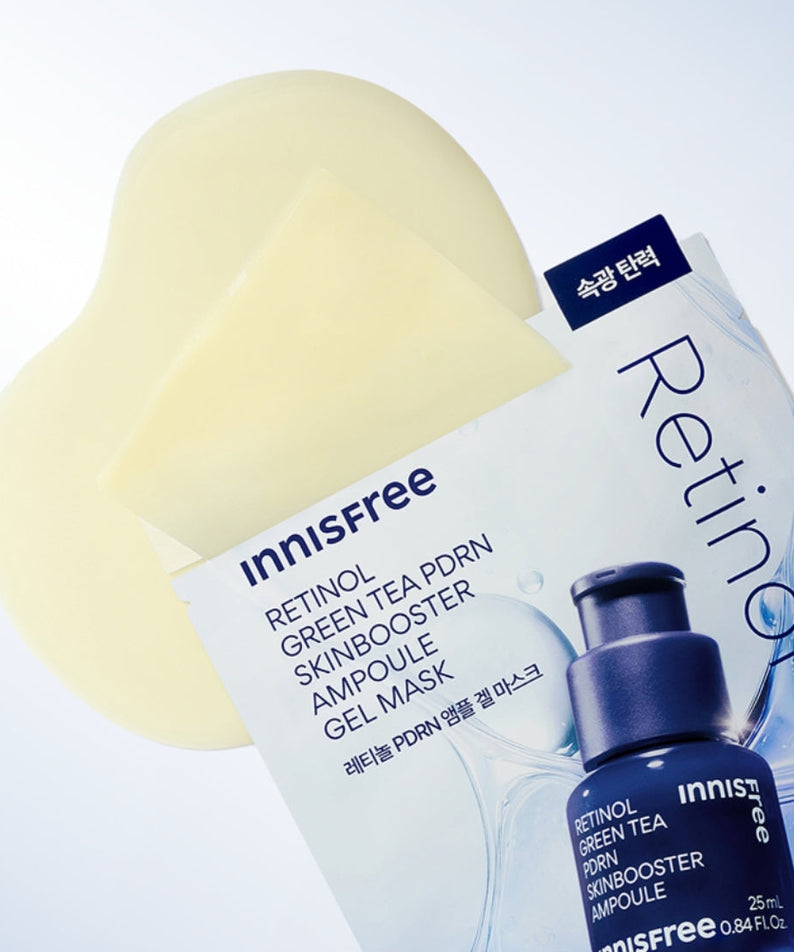 INNISFREE NEW Gel Mask 1 Sheet for skin rejuvenation and hydration, featuring retinol and green tea ingredients in ampoule gel mask format.