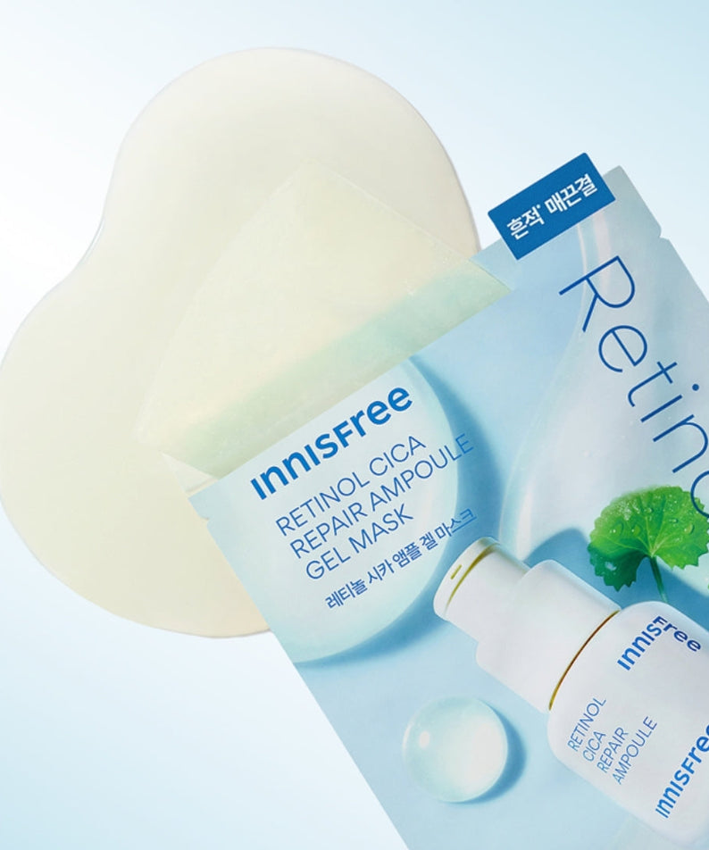 INNISFREE NEW Gel Mask 1 Sheet package and mask on a light blue background, showcasing skincare benefits.