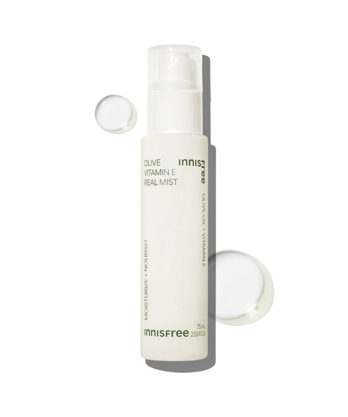 INNISFREE Olive Vitamin E Real Oil Mist 75ml bottle with liquid droplets on white background