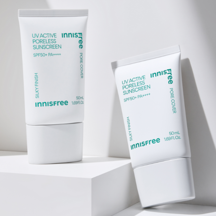 INNISFREE UV Active Poreless Sunscreen 50ml bottles displayed on a white background