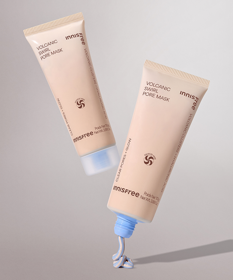 INNISFREE Volcanic Pore Dual Mask 110ml tubes showcasing product texture with open cap, perfect for deep pore cleansing and skincare.