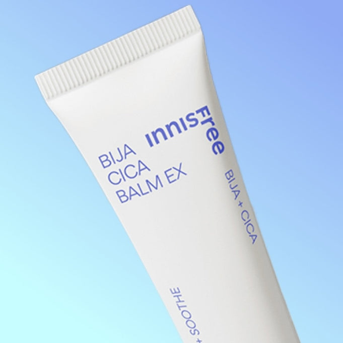 INNISFREE Bija Cica Balm Ex skincare product tube on a blue gradient background
