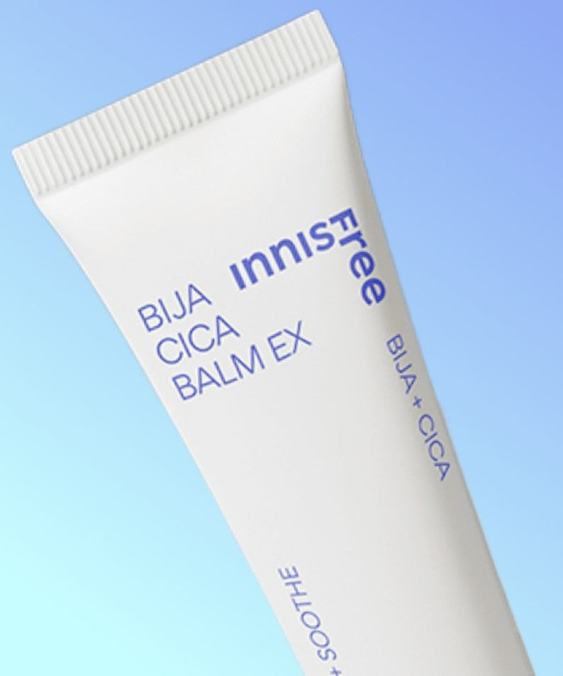 INNISFREE Bija Cica Balm Ex skincare product tube on a blue gradient background