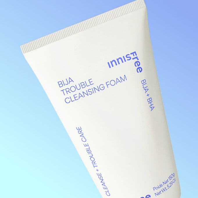 INNISFREE Bija Trouble Cleansing Foam 150g tube on blue background