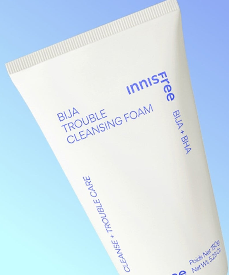INNISFREE Bija Trouble Cleansing Foam 150g tube on blue background