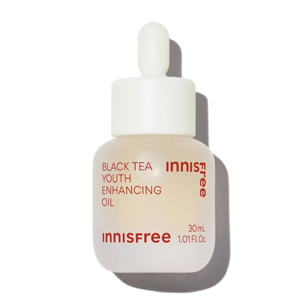 INNISFREE Black Tea Youth Enhancing Oil 30ml skincare product bottle with dropper.
