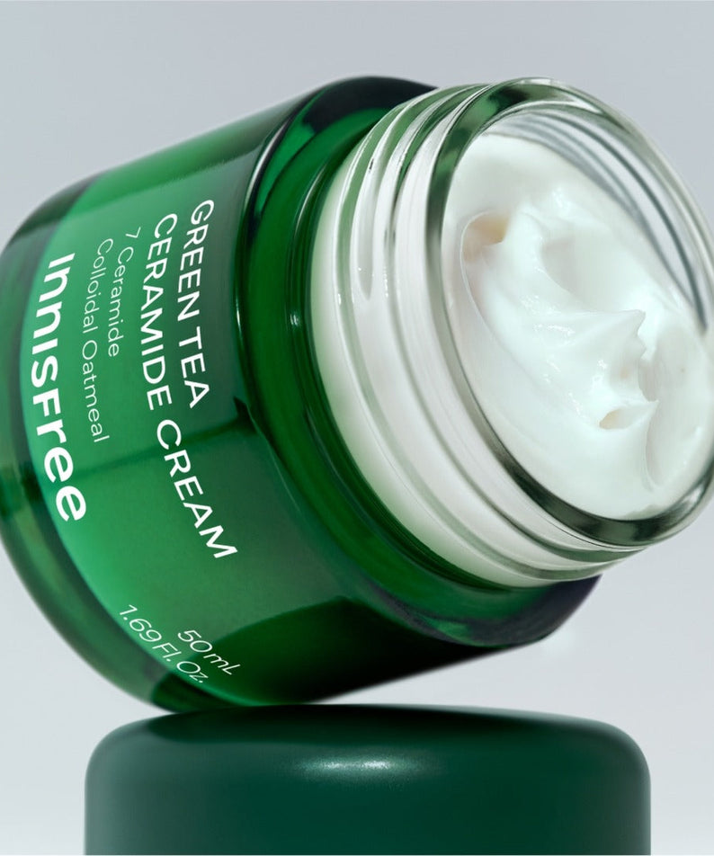 INNISFREE Green Tea Ceramide Cream 50ml jar open showing cream texture