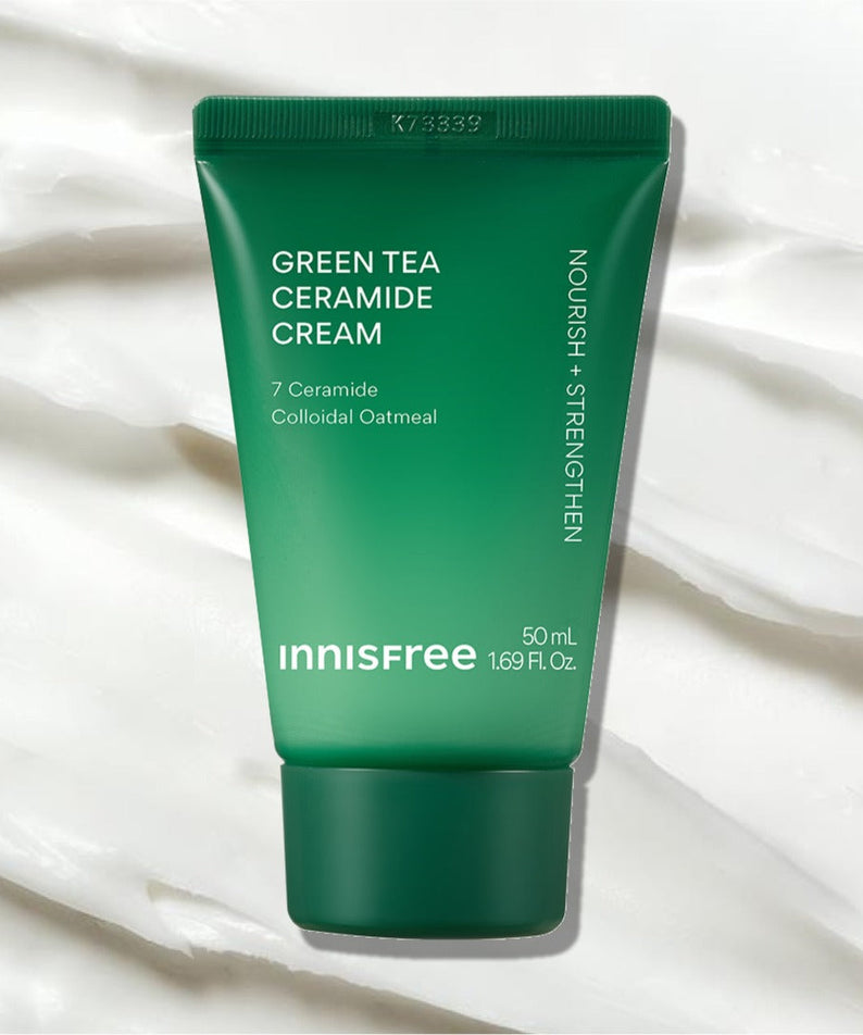 INNISFREE Green Tea Ceramide Cream 50ml (Tube) on a textured background.