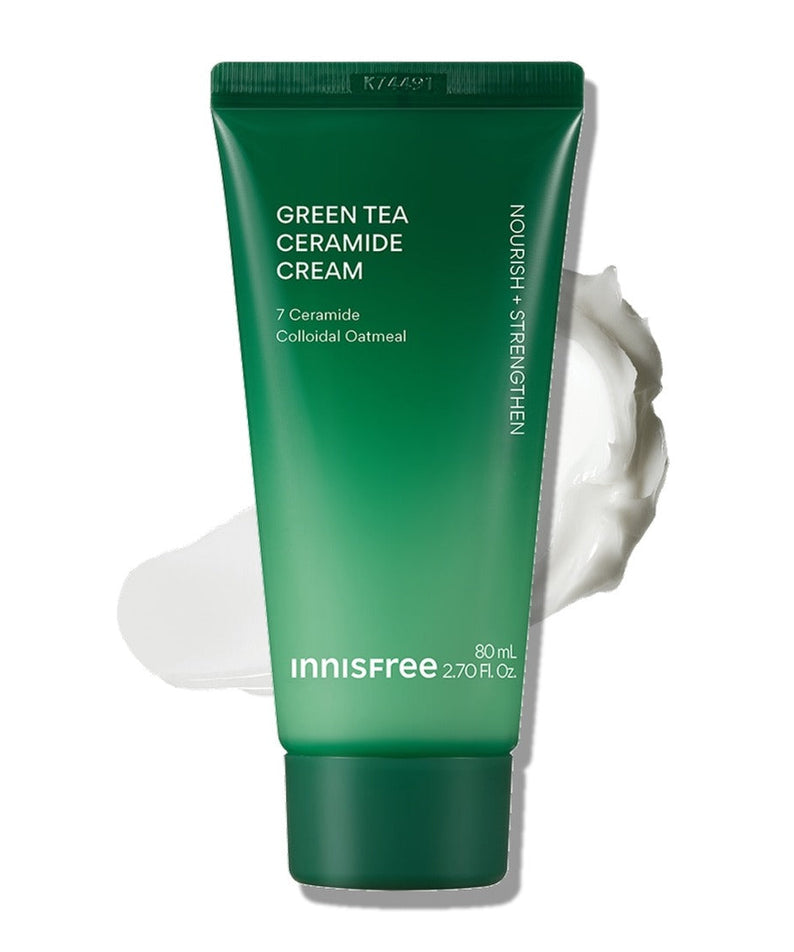 INNISFREE Green Tea Ceramide Cream 80ml (Tube) skincare product with green packaging, shown with cream texture in the background.