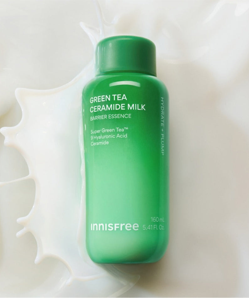 INNISFREE Green Tea Ceramide Milk Essence Refill 160ml product bottle on white background.