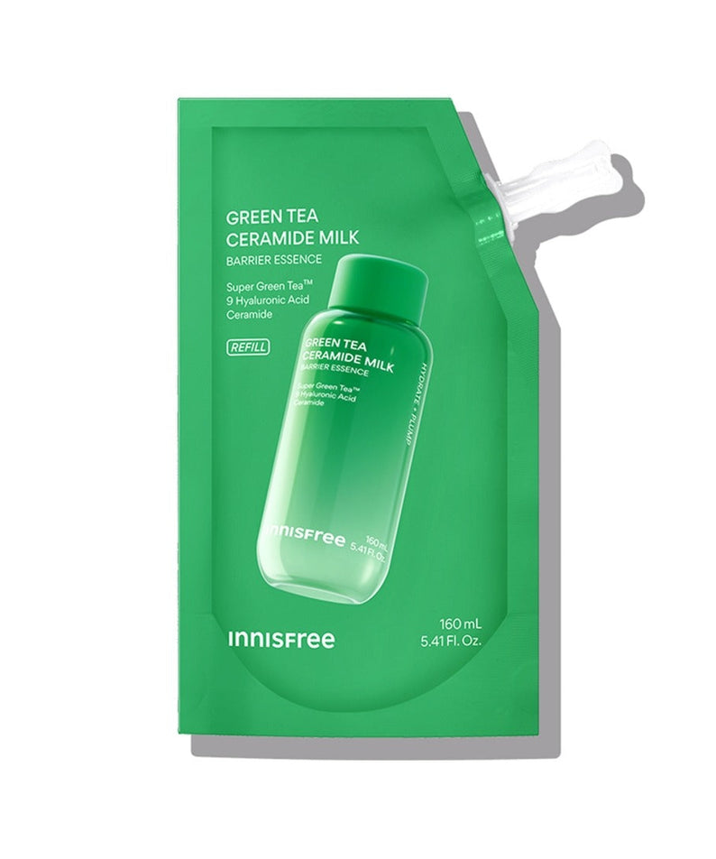 Image of INNISFREE Green Tea Ceramide Milk Essence Refill 160ml packaging in green color, featuring the product's logo and details.