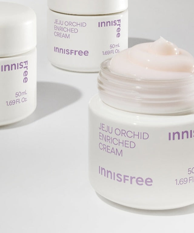 INNISFREE Jeju Orchid Enriched Cream 50ml displayed in open jar with smooth cream texture