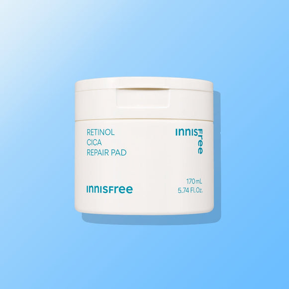 INNISFREE Retinol Cica Repair Pad 60p 170ml displayed against a blue background.