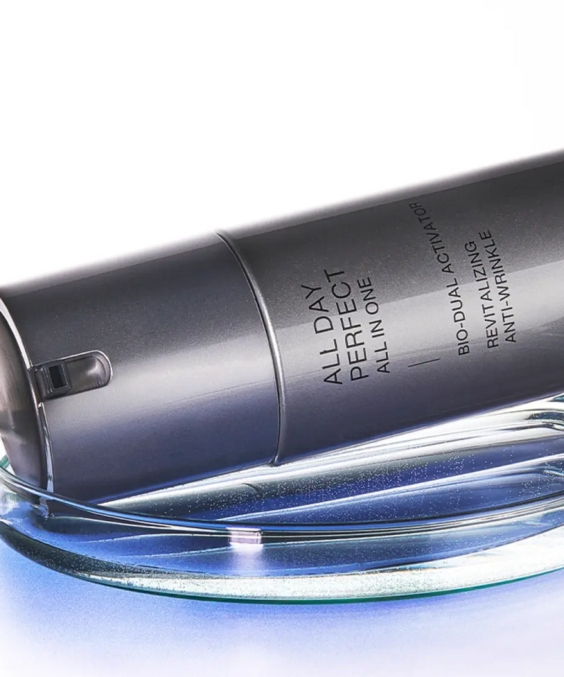 IOPE Men All Day Perfect All In One 120ml dark grey pump bottle on glass dish Gentleman Korea Korean men's skincare