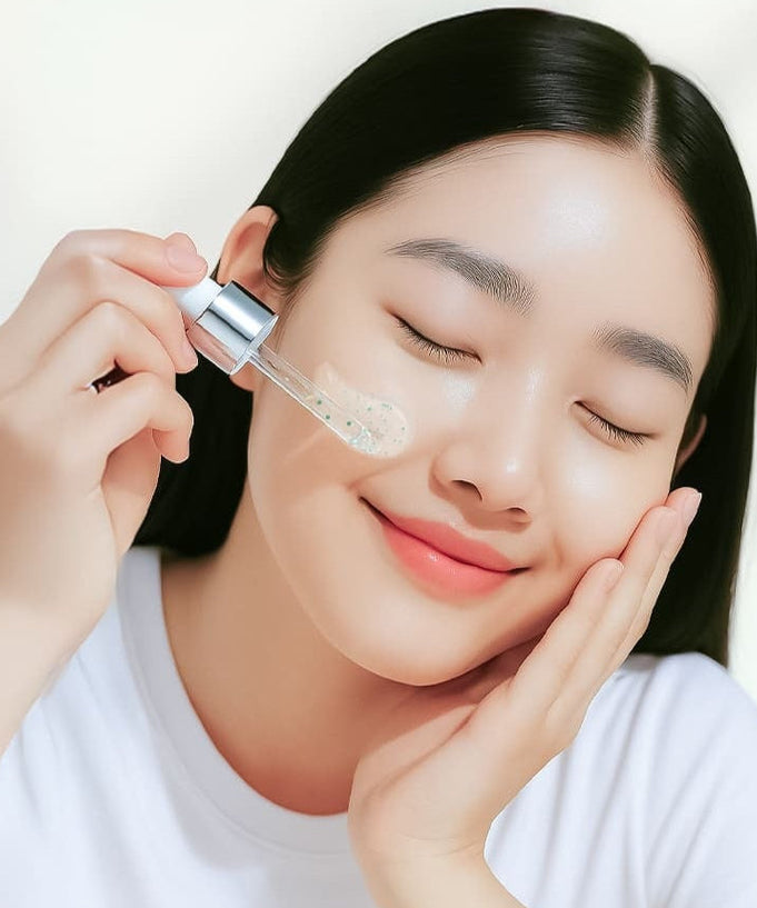 Woman applying 3W CLINIC Pine Relief Aqua Ampoule Serum 100ml on her face, showcasing skincare routine