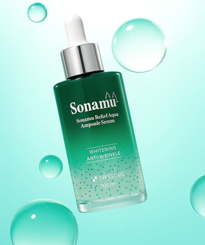3W CLINIC Pine Relief Aqua Ampoule Serum 100ml bottle on a light blue background with bubbles