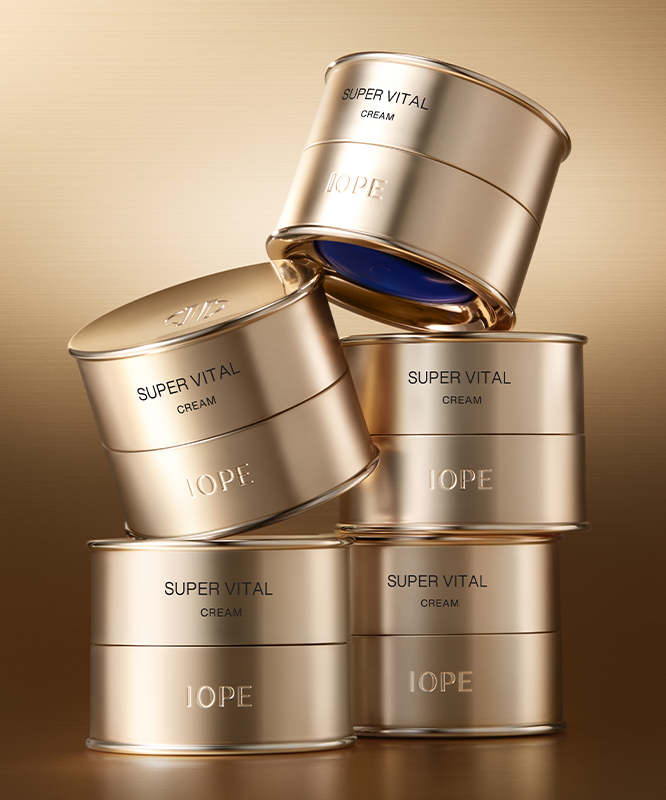 IOPE Super Vital Cream 50ml jars stacked elegantly in a gold aesthetic.