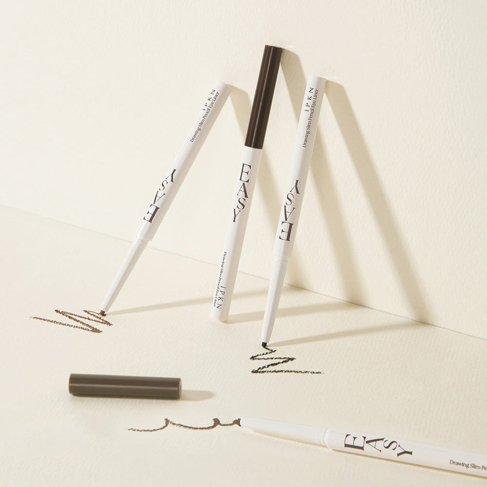 IPKN Easy Drawing Slim Pencil Eyeliner displayed on a light background with swatches, showing its precision and smooth application.