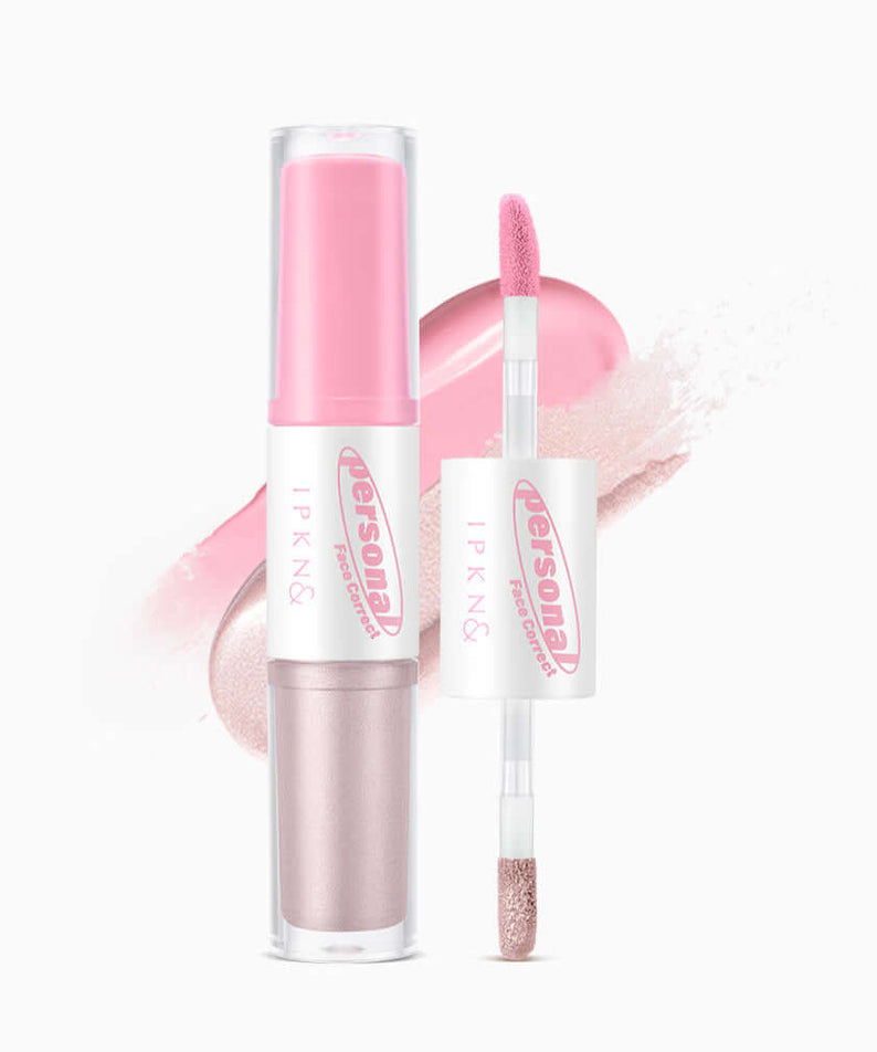IPKN Personal Tone Cheek Lighter Duo (Cool Lighter) in pink and champagne shades against a white background.
