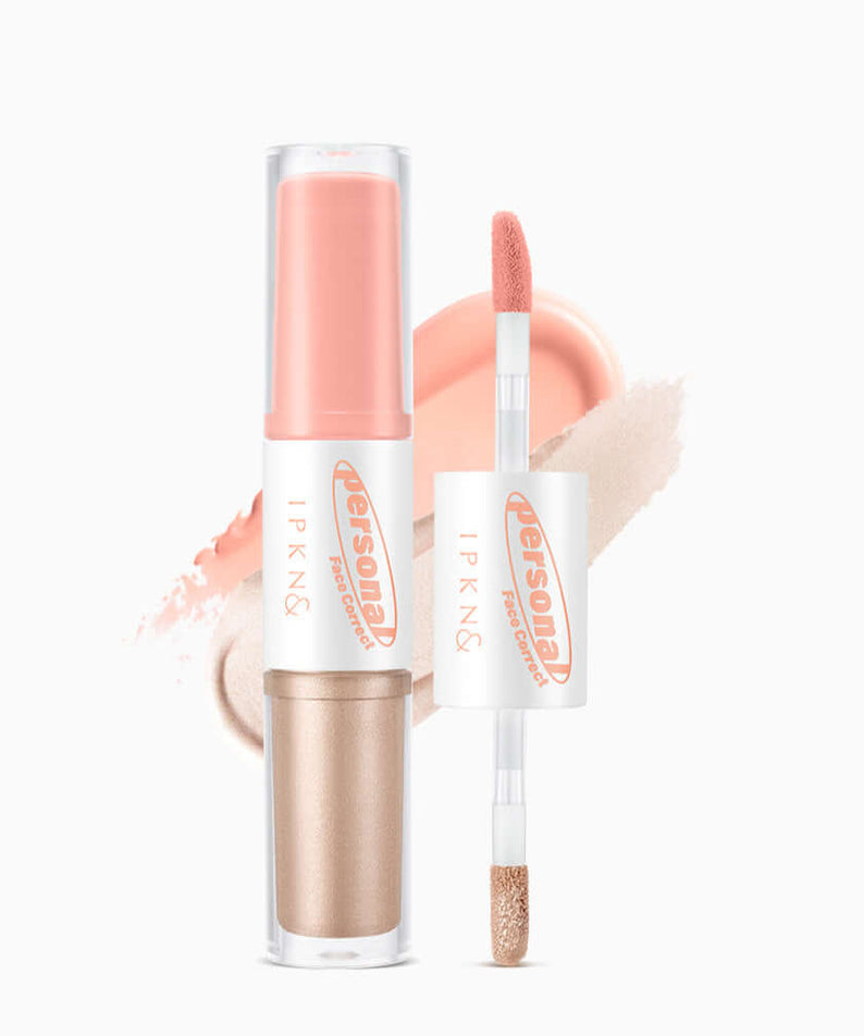 IPKN Personal Tone Cheek Lighter Duo (Warm Lighter) with applicator and swatch background.