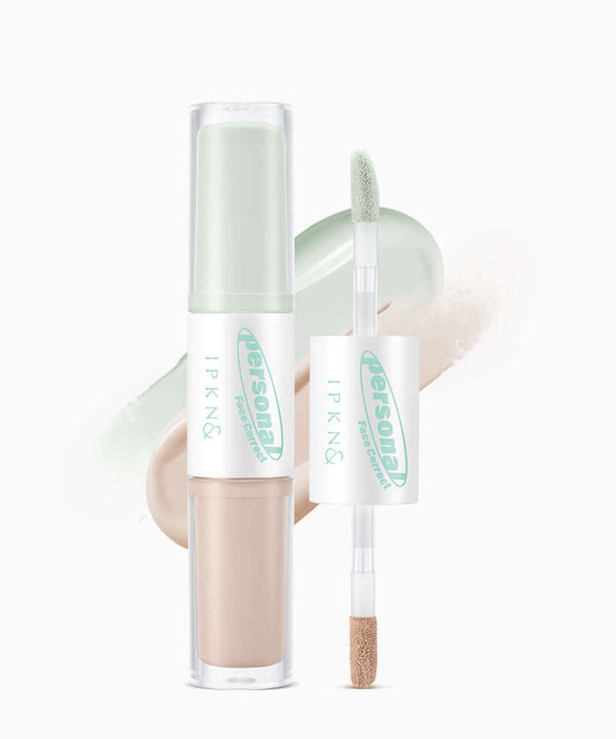 IPKN Personal Tone Correcting Concealer Duo (Green) with dual-ended applicator for effective skin tone correction.