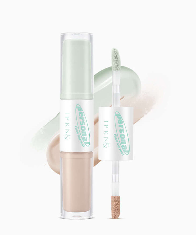 IPKN Personal Tone Correcting Concealer Duo (Green) with dual-ended applicator for effective skin tone correction.