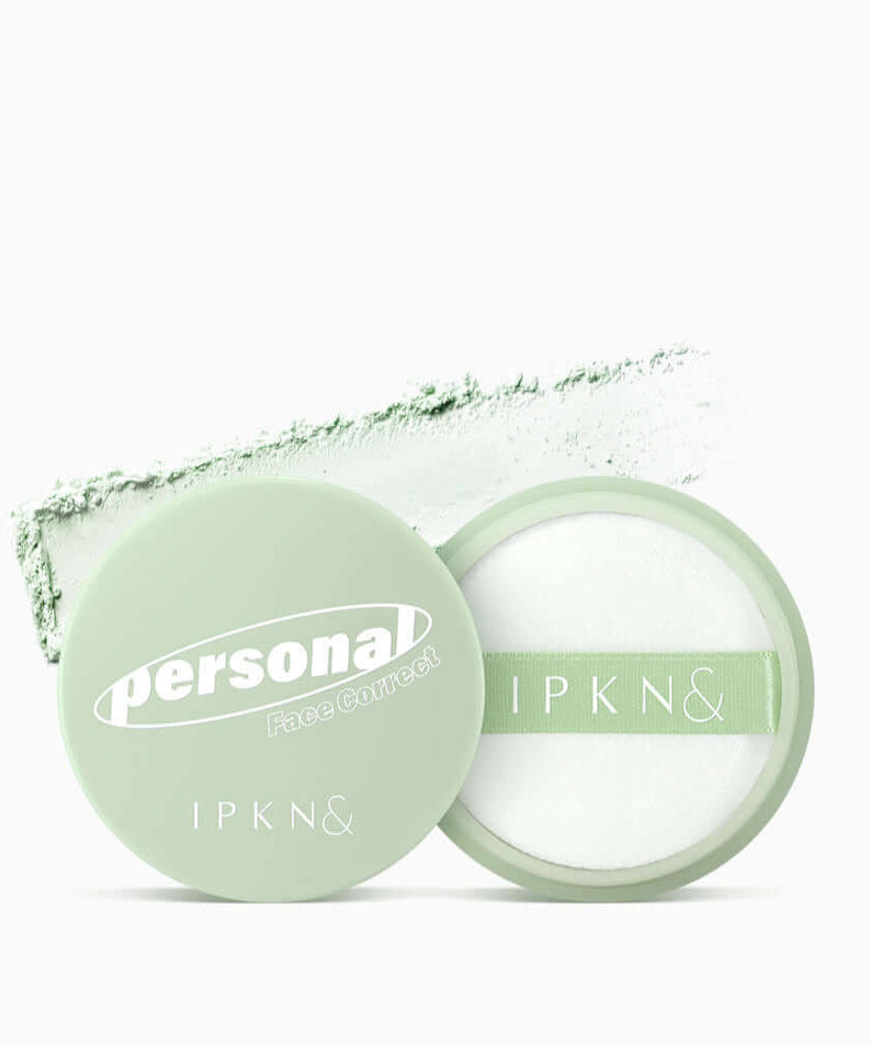 IPKN Personal Tone Correcting Powder (Green) with compact and applicator shown on a white background.