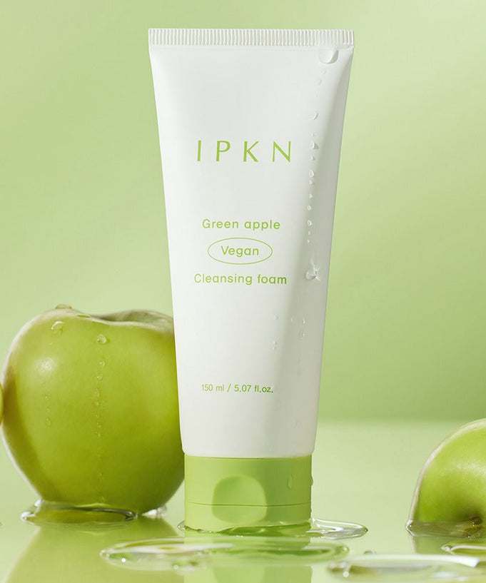 IPKN Green Apple Vegan Cleansing Foam 150ml tube with green apples in the background