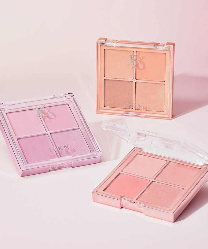 IPKN Flap One Cheek Palette showcasing different shades in sleek packaging on a pink background.