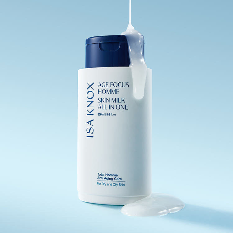 ISAKNOX Age Fous Homme Skin Milk All-in-One 250ml product shot by Gentleman Korea for Korean men’s skincare, white lotion bottle with pouring milk