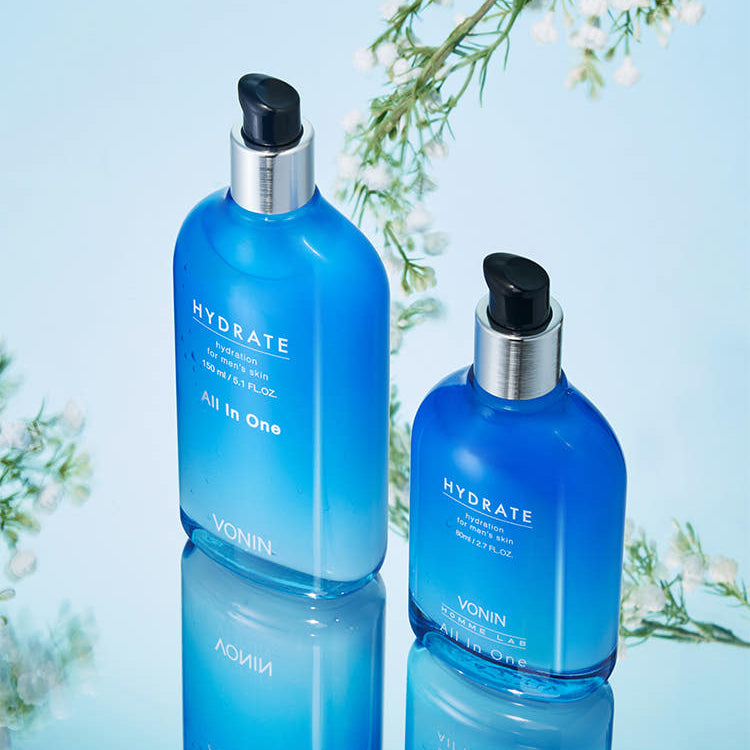 ISAKNOX Bonin All-in-One Hydrate 150ml + 80ml - Gentleman Korea men’s hydrating skincare duo, blue pump bottles on reflective surface
