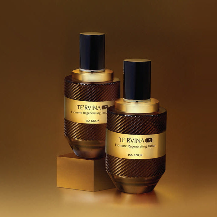 ISAKNOX Terbina LX Homme 2 Pieces premium Korean men’s skincare set on gold background by Gentleman Korea