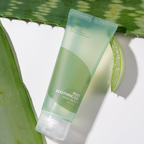 ISNTREE Aloe Soothing Moisture Type 150ml tube with aloe leaf, ideal for skin hydration and soothing benefits.
