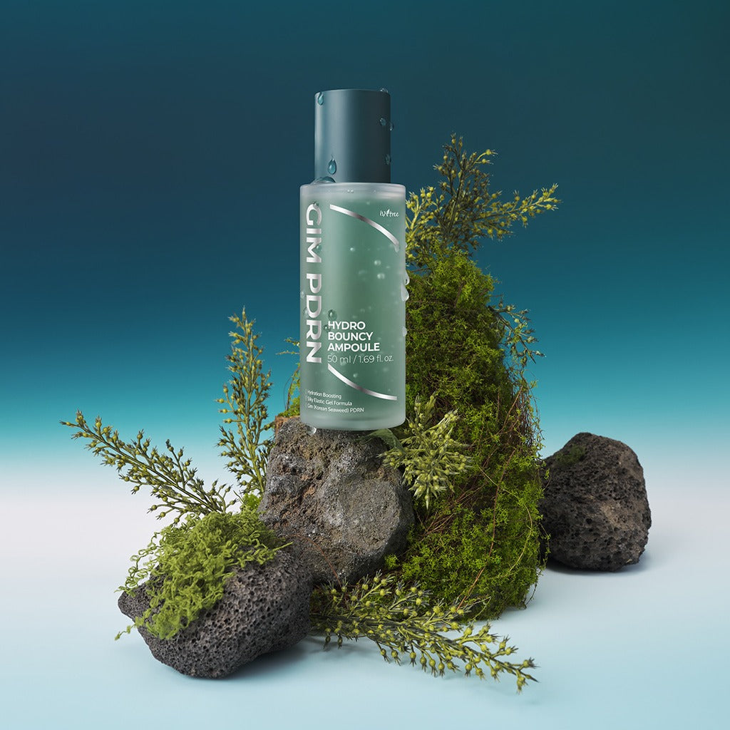 ISNTREE Gim PDRN Hydro Bouncy Ampoule 50ml displayed on natural elements.