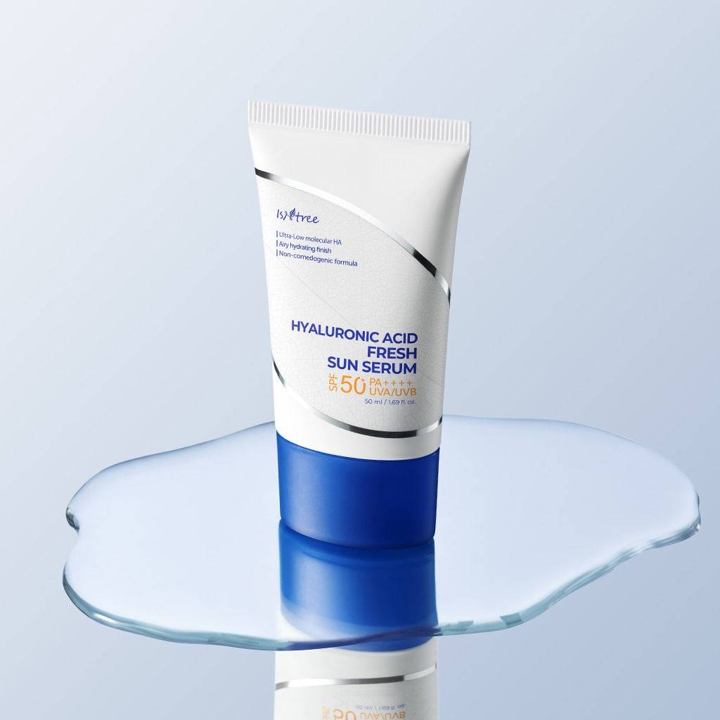 ISNTREE Hyaluronic Acid Fresh Sun Serum 50ml on glass surface with blue background