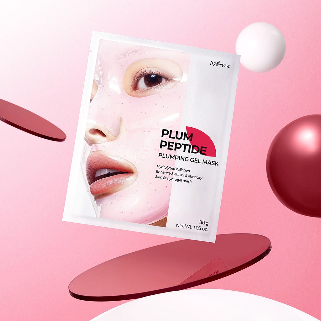 ISNTREE Plum Peptide Plumping Gel Mask 30g x 4 sheets product packaging on a pink background