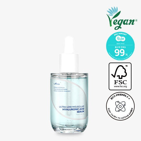 ISNTREE Ultra-Low Molecular Hyaluronic Acid Serum 50ml bottle with vegan, eco-friendly, and FSC certified labels.
