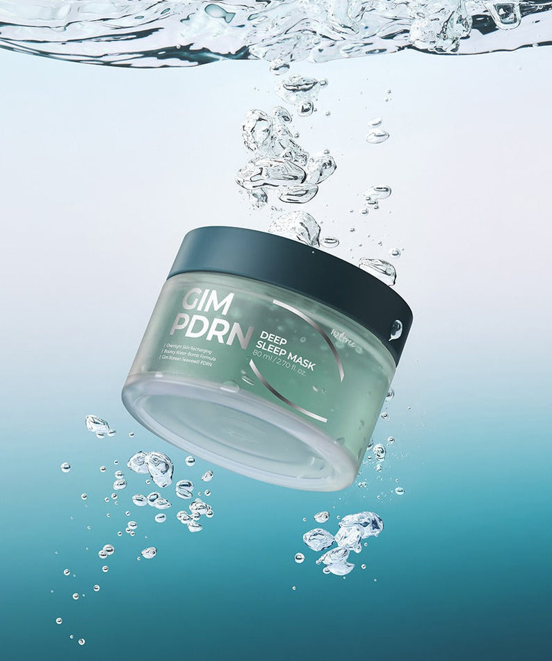 ISNTREE Gim PDRN Deep SLeep Mask 80ml floating in clear water, showcasing the product's hydrating properties.