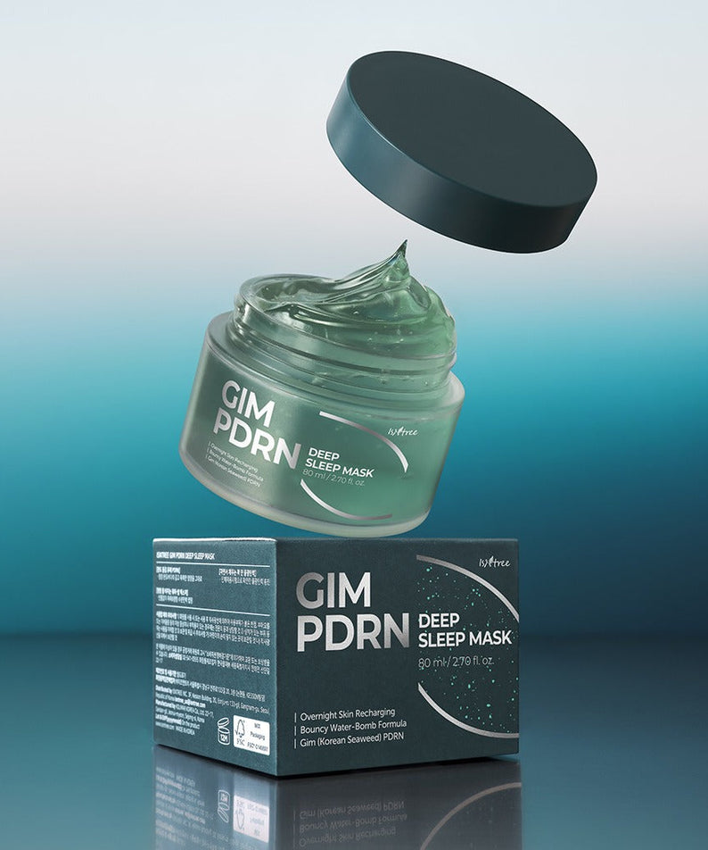 ISNTREE Gim PDRN Deep SLeep Mask 80ml displayed with open jar and packaging on gradient background.