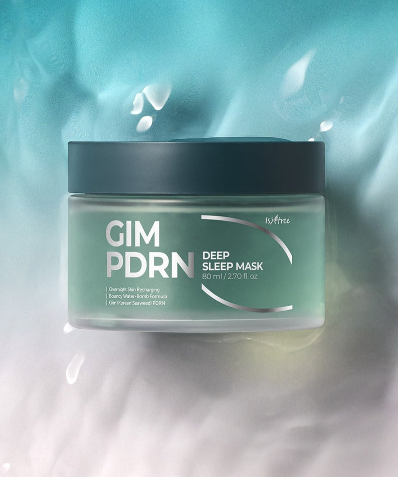 ISNTREE Gim PDRN Deep SLeep Mask 80ml product image on blue textured background.