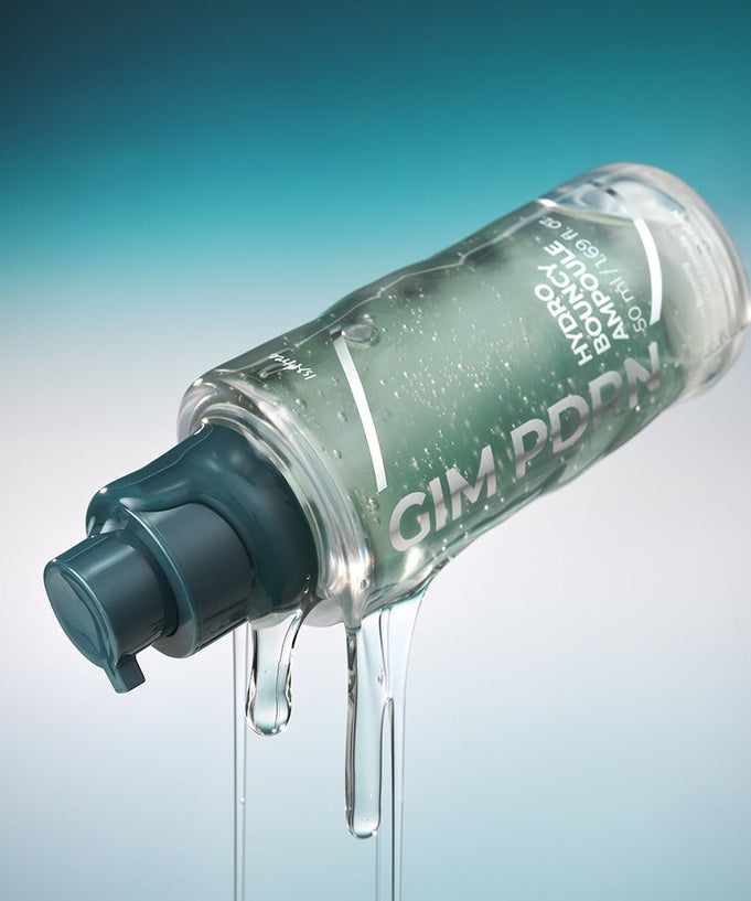 ISNTREE Gim PDRN Hydro Bouncy Ampoule 50ml bottle with blue cap and liquid spilling, set against a gradient background.