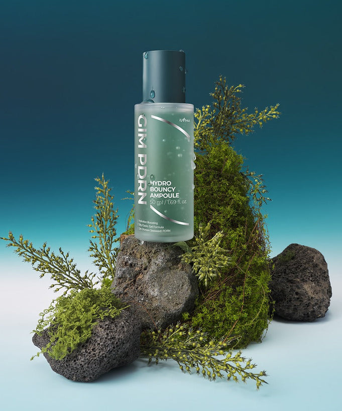 ISNTREE Gim PDRN Hydro Bouncy Ampoule 50ml displayed on natural elements.