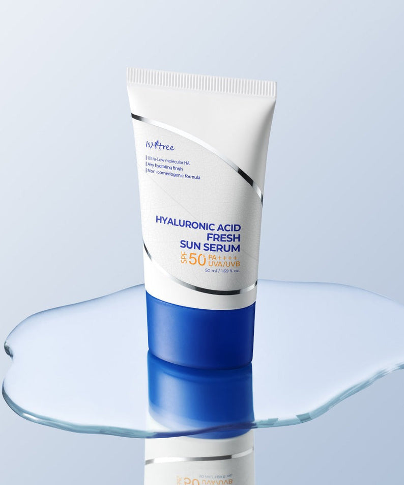 ISNTREE Hyaluronic Acid Fresh Sun Serum 50ml on glass surface with blue background