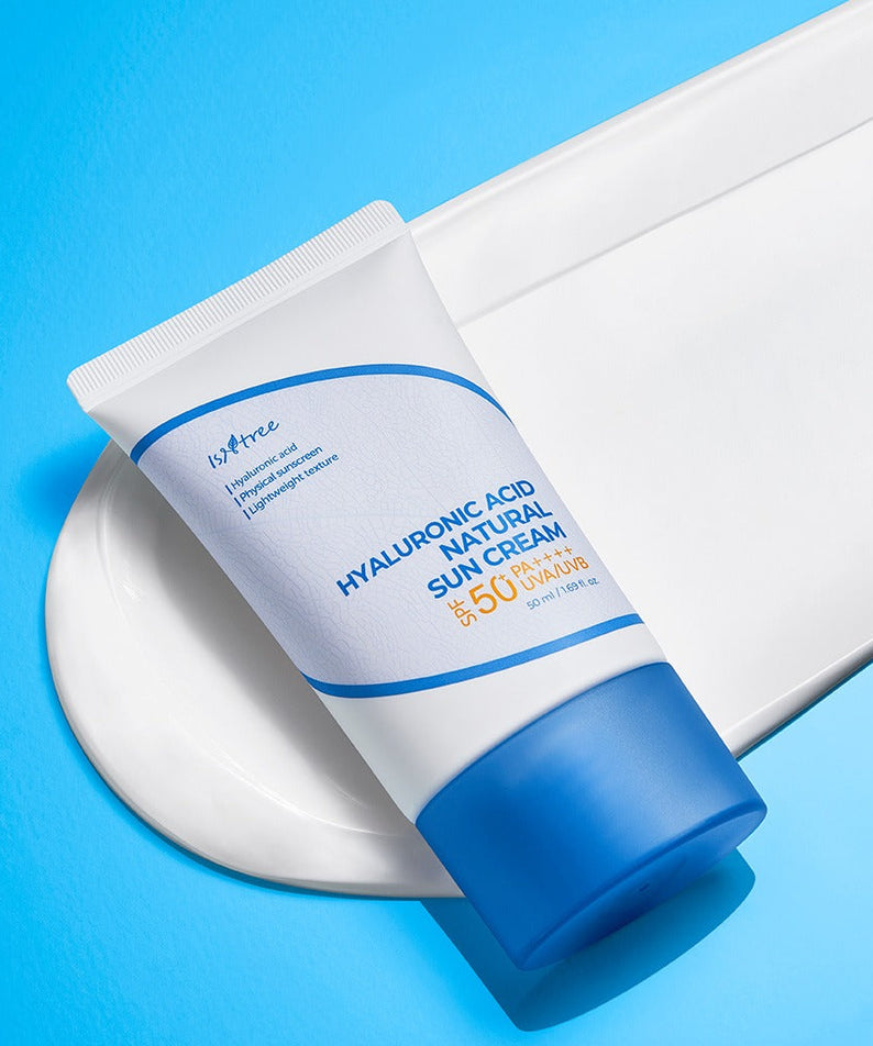 ISNTREE Hyaluronic Acid Batural Sunscreen 50ml tube on a blue and white background