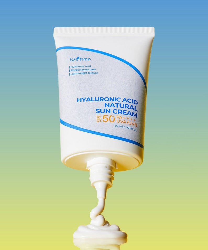 ISNTREE Hyaluronic Acid Batural Sunscreen 50ml tube with SPF 50 shown against a gradient background.