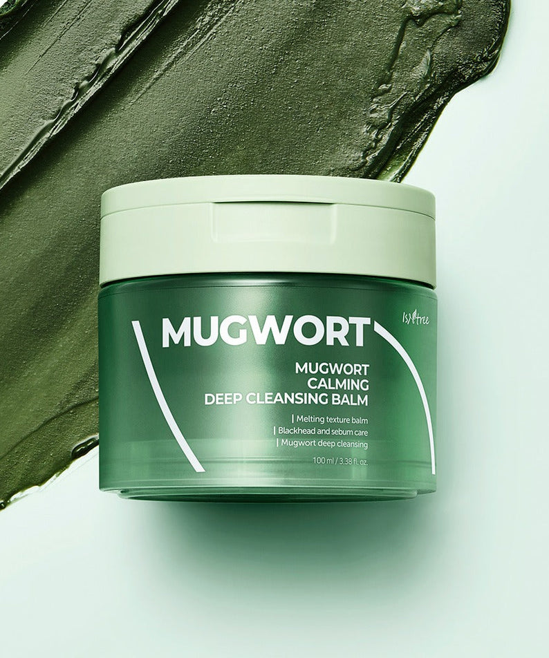 ISNTREE Mugwort Calming Deep Cleansing Balm 100g, green jar with smoothed balm texture on display