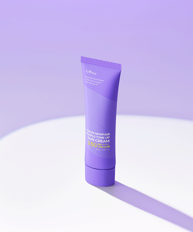 ISNTREE Onion Newpair Purple Tone-Up Sunscreen 50ml displayed on a purple background