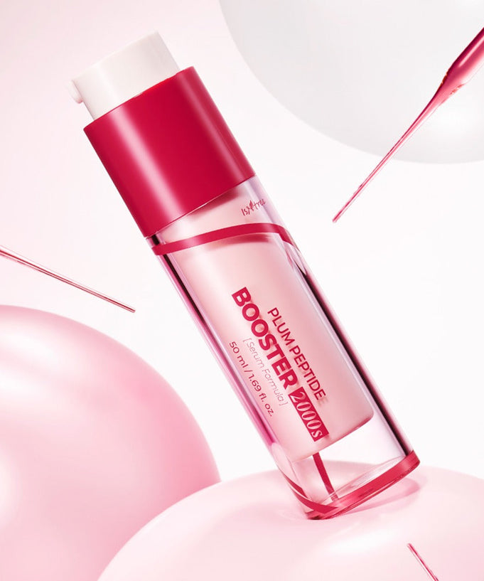 ISNTREE Plum Peptide Booster 2000s 50ml bottle displayed with pink background and droplets